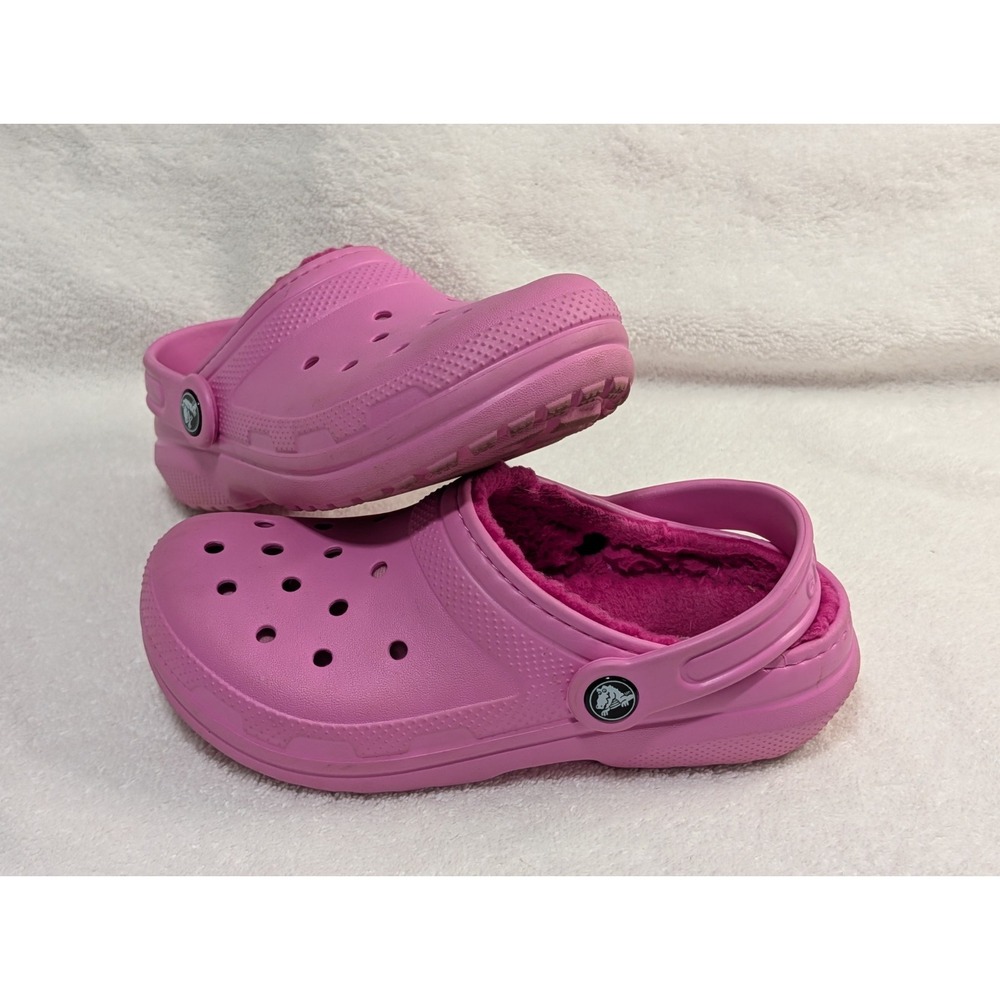 Crocs Classic Clogs Girls Size J2 Pink Faux Fur Lined Fuzzy Warm Shoes Slippers